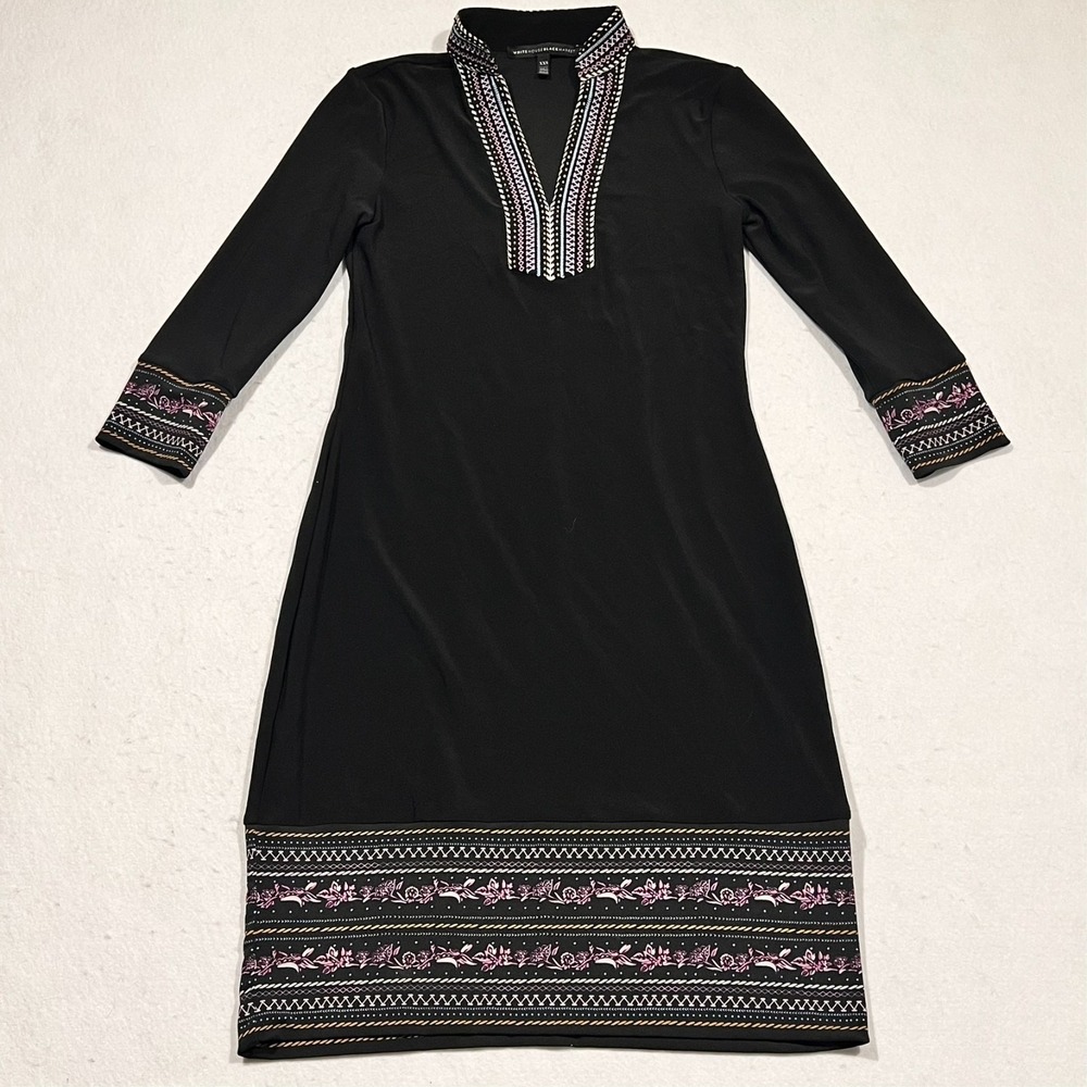 White House Black Market Sheath Dress Embellished Black Classic Long Sleeve XXS